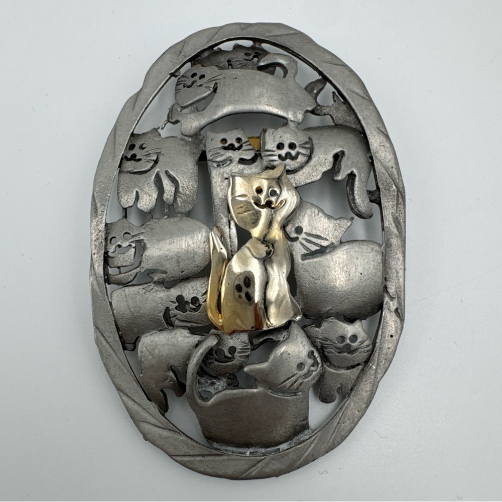 Charming Silver and Gold Cat Brooch